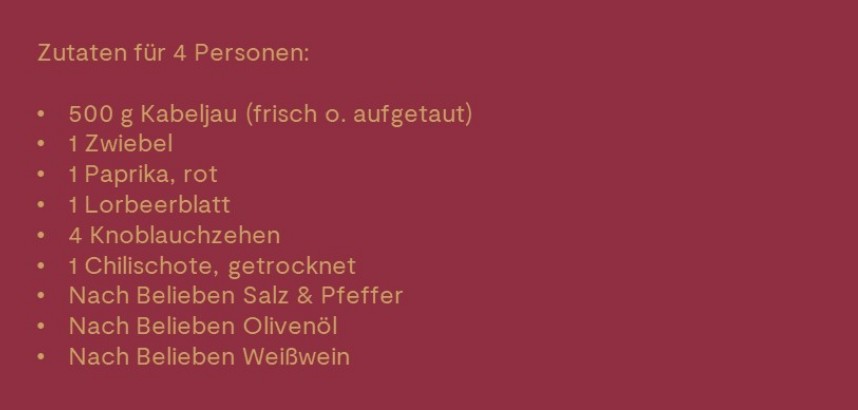 Rezeptzutaten für vier Personen auf rotem Hintergrund.