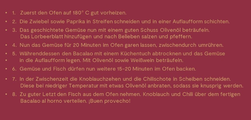 Rezeptanweisungen für Bacalao al horno, einschließlich Zubereitung und Backzeit.